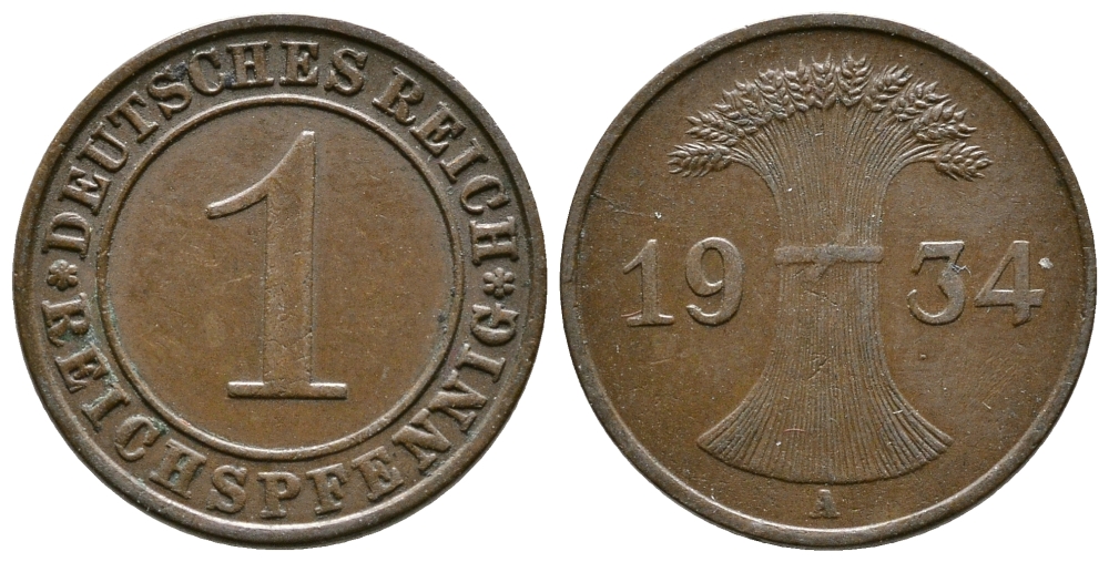 ГЕРМАНИЯ 1 РЕЙХСПФЕННИГ 1934 A KM 37, J. 313 бронза 4380-1246