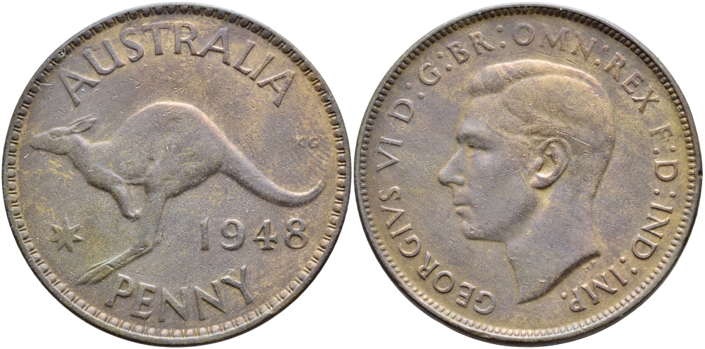 АВСТРАЛИЯ 1 ПЕННИ 1948 m, ГЕОРГ VI (1936-1952), КЕНГУРУ KM 41 бронза 4394-1011