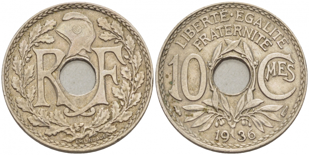 ФРАНЦИЯ 10 САНТИМОВ 1936 ТИП ЛИНДАЙЁ KM 886а медно-никель 33-855