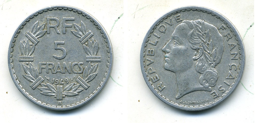 Франция 5 франков 1949 В, тип Лаврийе KM 888b.2, LE FRANC 339.19 алюминий 84-712