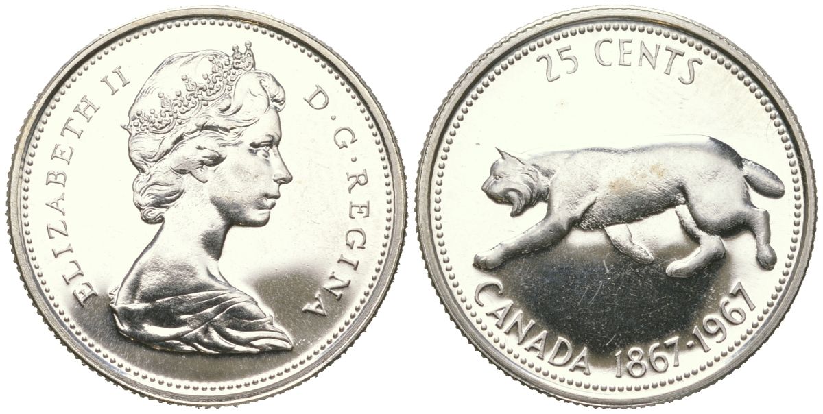 Канада 25 центов 1967 100 лет Конфедерации Канада KM 68 серебро BU 68-1215