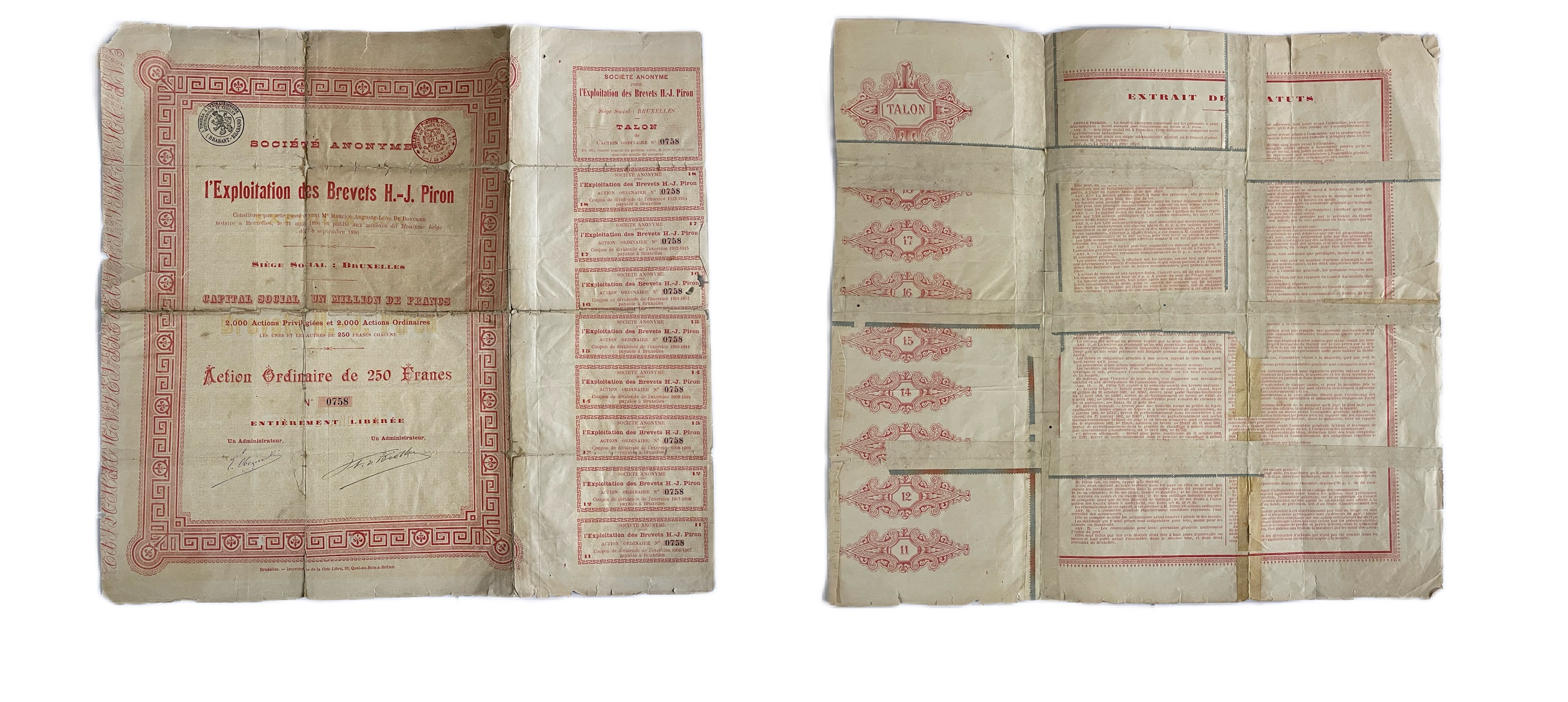 Бельгия, Exploitation des brevets H.-J. Piron акция в 250 франков 1896 8 купонов бумага 5554-24-1-2