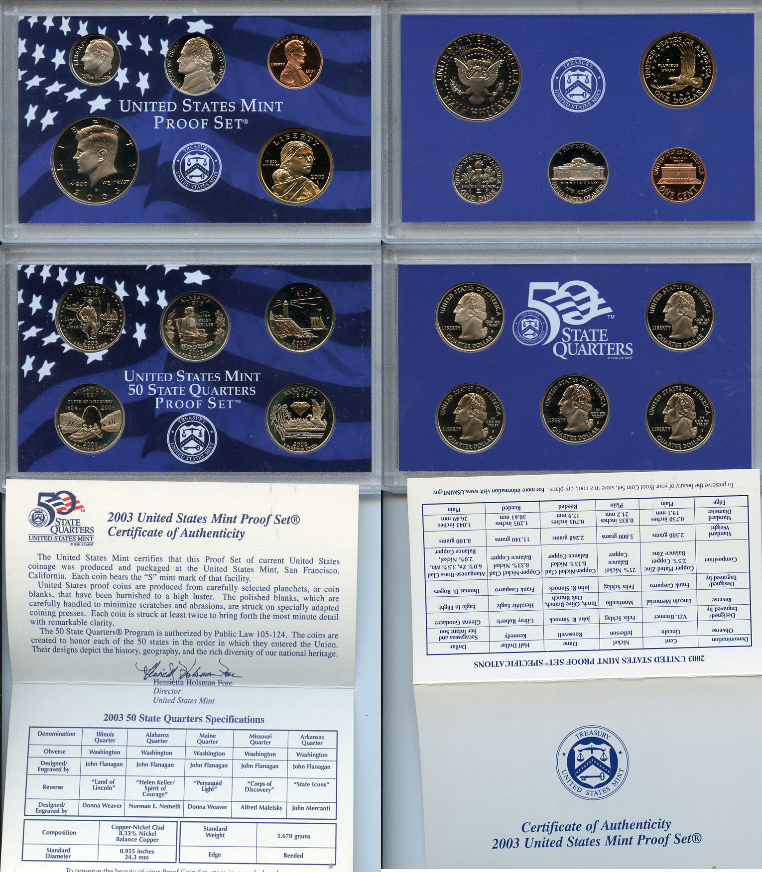 США официальный набор из 10 монет, в 2 пластиковых сетах 2003 годовой набор и юбилейные монет 25 центов, в оригинальной коробке, сертификат KM PS 209   PROOF  8-2-04-33