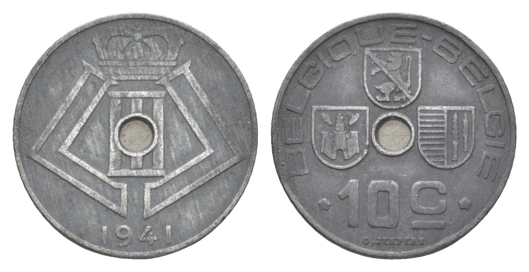 Бельгия 10 сантимов 1941 Belgique - Belgie, Леопольд III (1934-1951), германская оккупация, Вторая мировая война KM 125 цинк 4169-651