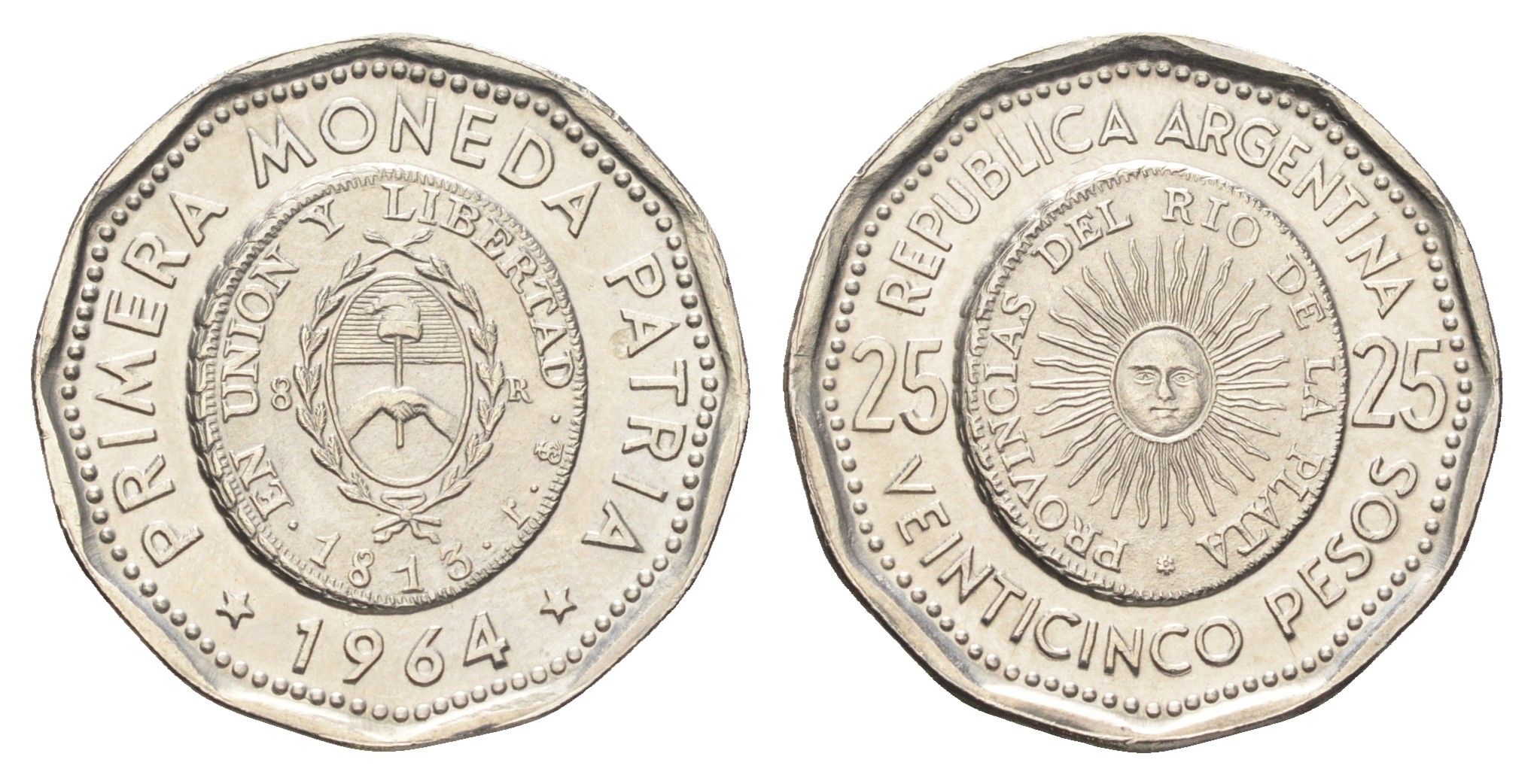 Аргентина 25 песо 1964 KM 61 сталь плакированная никелем UNC 4662-724