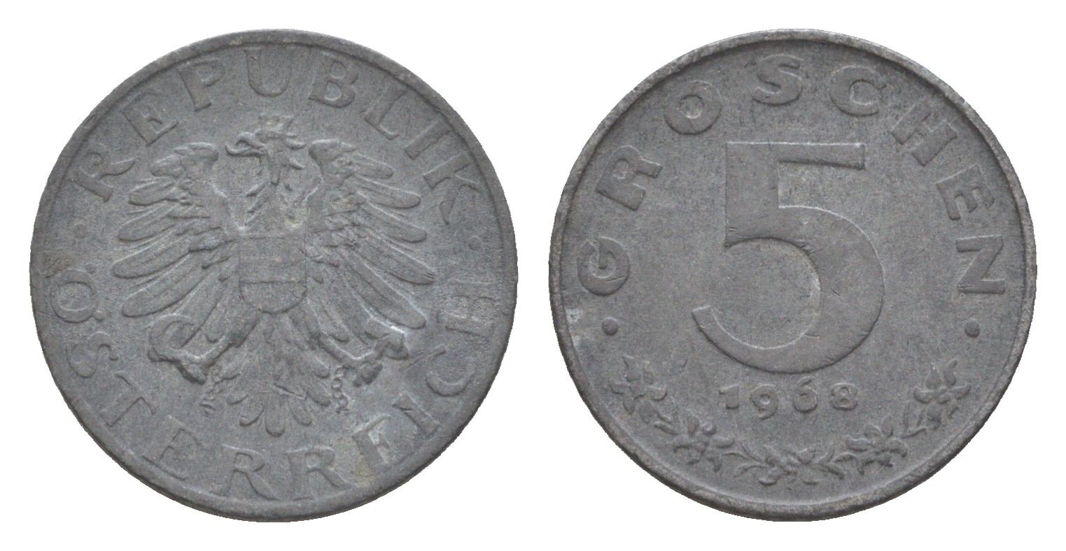 Австрия 5 грошей 1968 KM 2875 цинк 4567-567
