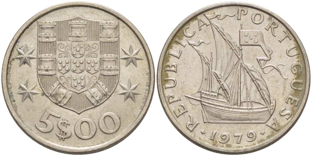 ПОРТУГАЛИЯ 5 ЭСКУДО 1979 ПАРУСНИК KM 591 медно-никель XF 4513-1051