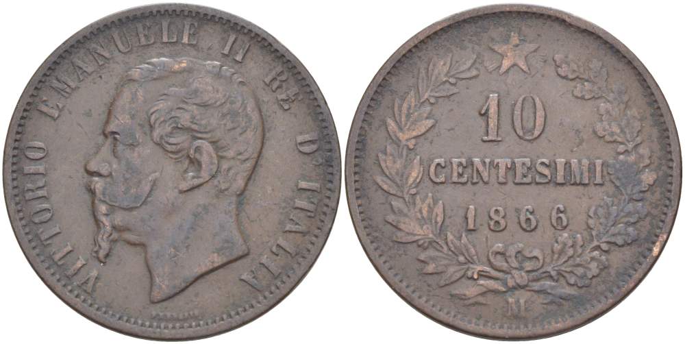 ИТАЛИЯ 10 ЧЕНТЕЗИМО 1866 M, МОНДВОР МИЛАН, ВИКТОР ЭММАНУИЛ II (1861-1878) KM 11.1 медь 4526-812