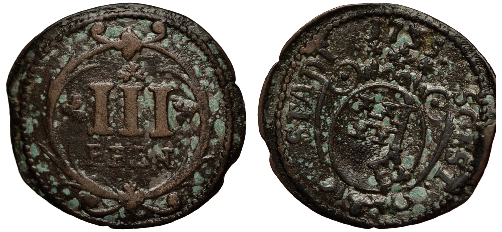 Соест 3 пфеннига 1735 KM 24 медь 413-2832