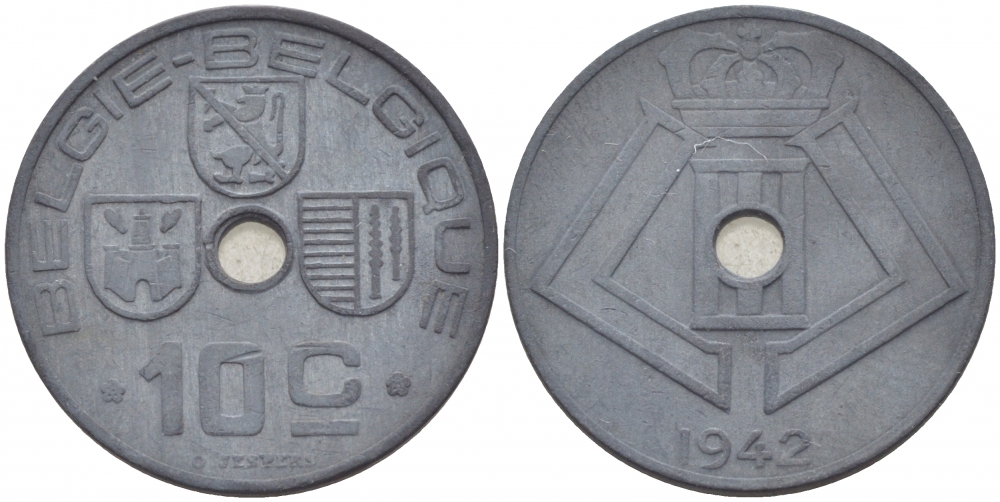 БЕЛЬГИЯ 10 САНТИМОВ 1942 BELGIE-BELGIQUE, ГЕРМАНСКАЯ ОККУПАЦИЯ, ВТОРАЯ МИРОВАЯ ВОЙНА KM 126 цинк 113-1051