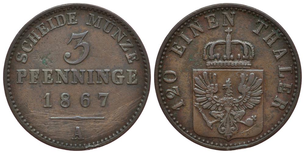 ПРУССИЯ 3 ПФЕННИГА 1867 А, ВИЛЬГЕЛЬМ I (1861-1888) KM 482 медь 186-614