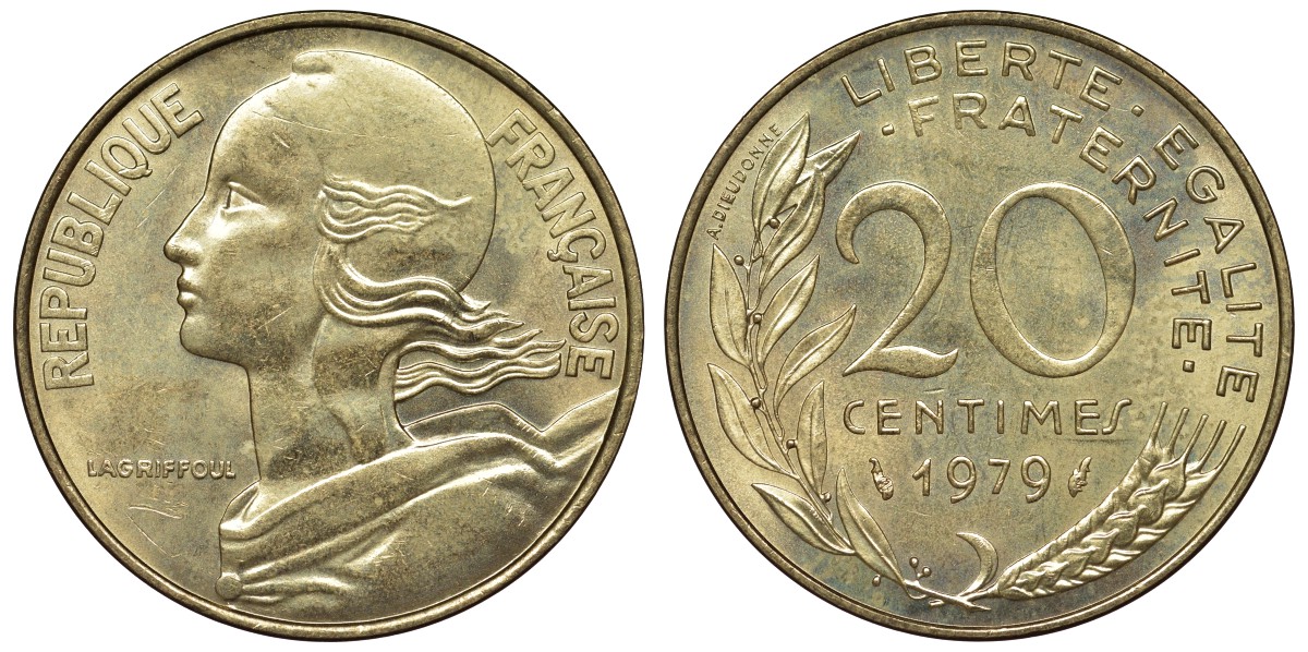 Франция 20 сантимов 1979 тип Marianne KM 930, Le Franc 156.19 медь алюминий никель UNC 4128-232