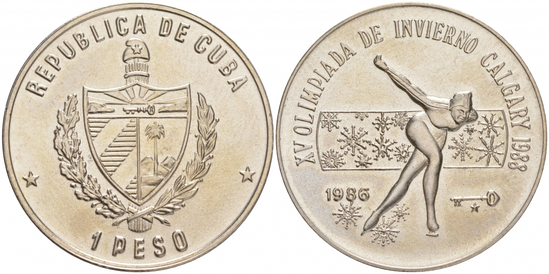 Куба 1 песо 1986 XV зимние Олимпийские игры в Калгари 1988 года, конькобежец, без символики KM 198 медно-никель UNC 189-734
