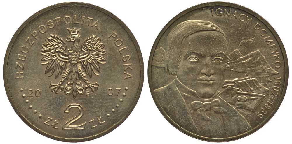 Польша 2 злотых 2007 MW, серия польские путешественники - Игнацы Домейко (1802-1889) KM 590 латунь 114-331