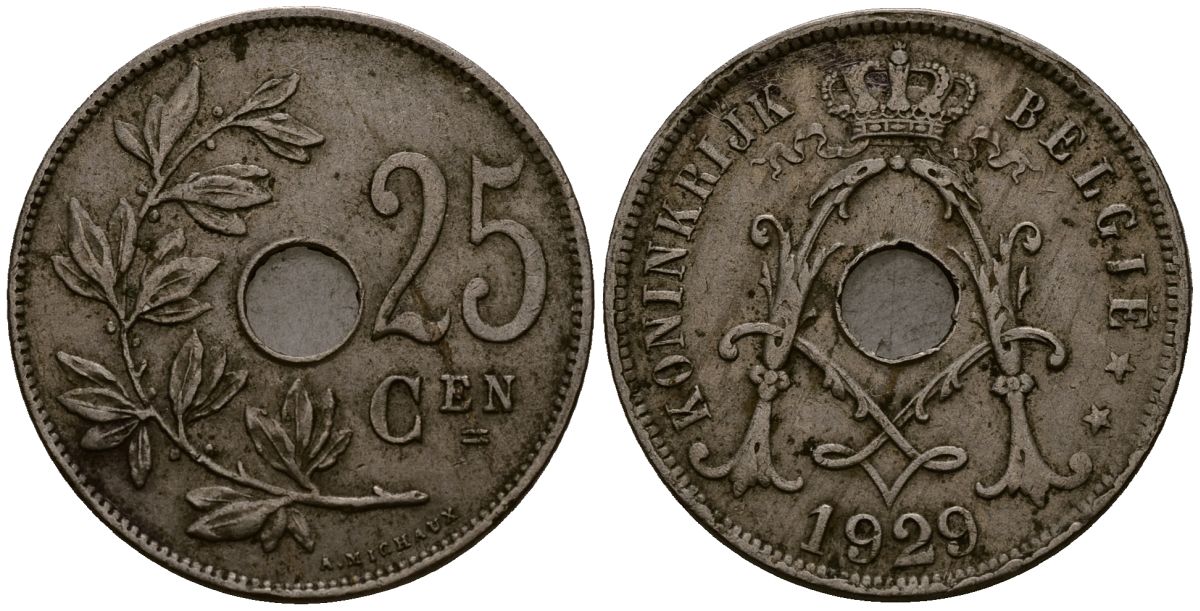 Бельгия 25 сантимов 1929 Belgie KM 69 медно-никель 4403-725