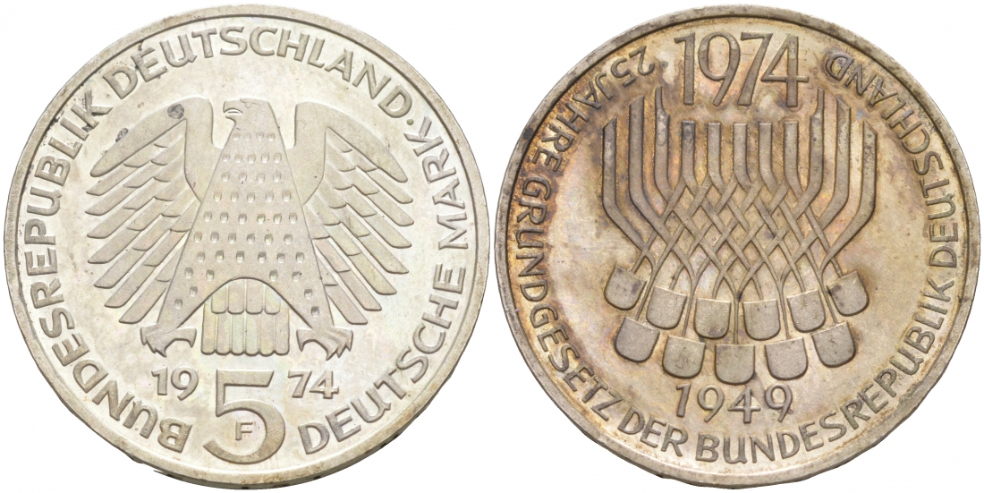 ФРГ 5 марок 1974 F, 25 лет со дня принятия конституции ФРГ KM 138, J.413 серебро 3855-621