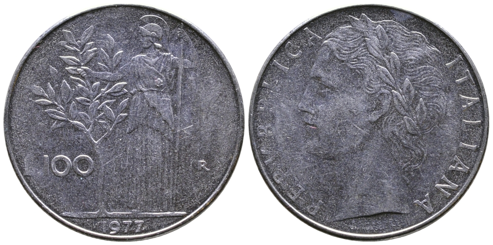 ИТАЛИЯ 100 ЛИР 1977 R , АФИНА KM 96.1 нержавеющая сталь 3334-941