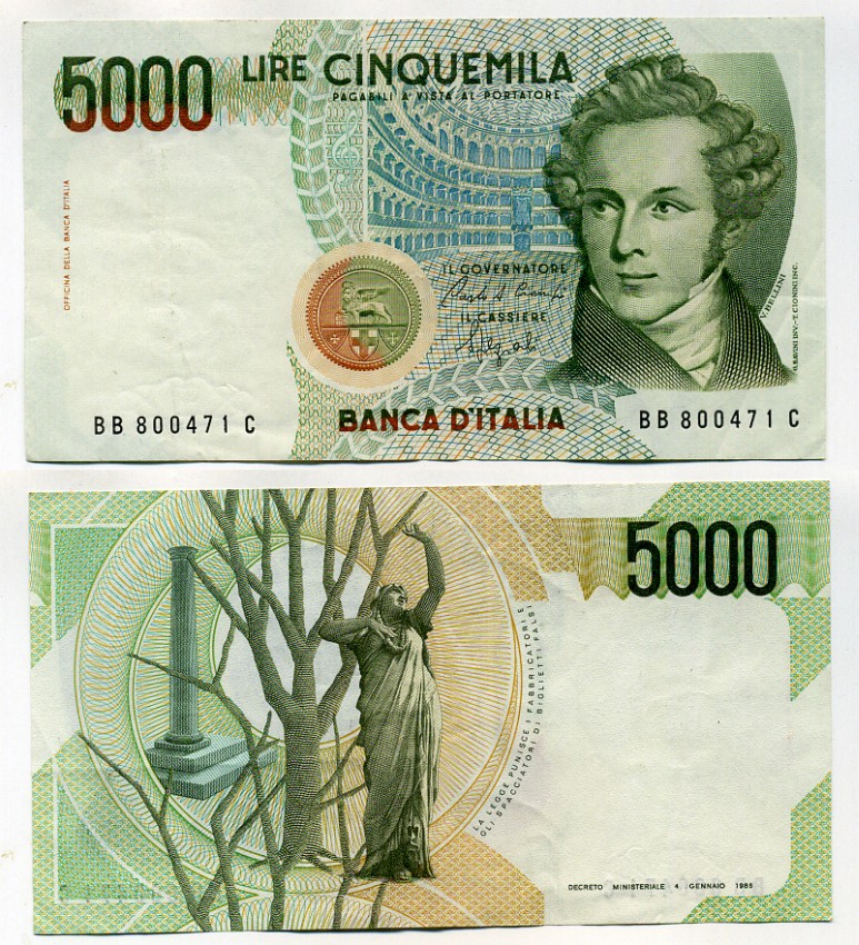 Италия 5000 лир 1985 Колизей, Беллини, подпись (Ciampi, stevani) Pick 111a бумага 6279-4-2-2