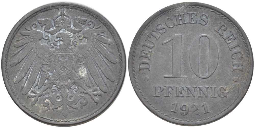 ГЕРМАНИЯ 10 ПФЕННИГОВ 1921 (1917-1922) KM 26, J. 299, Weege 8 цинк 210-316