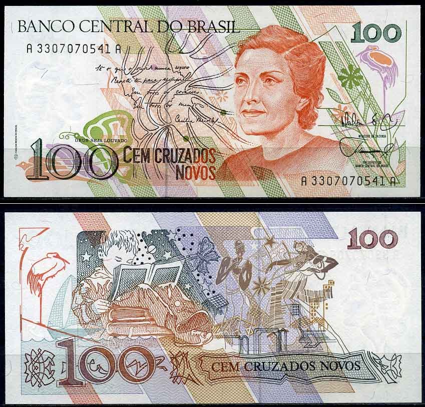 Бразилия 100 новых крузадо 1989 серия А 3307, Сесилия Мейреллеш Pick 220 a бумага UNC (пресс) 2197-45-2-1