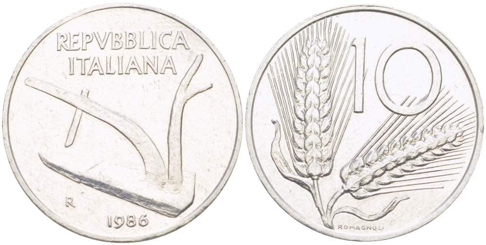 ИТАЛИЯ 10 ЛИР 1986 R, КОЛОСЬЯ, ПЛУГ KM 93 алюминий 4519-223