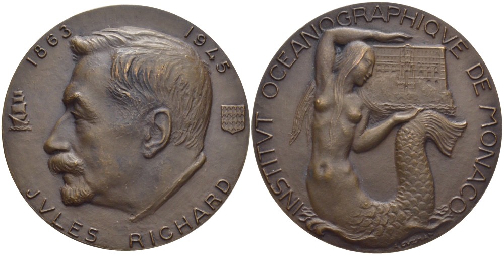 Франция медаль ND Жюль Ричард (1863-1945) французский учёный океанограф, директор (референт принца) музея океанографии в Монако (1900-1945), русалка, диаметр 58 мм.  бронза   00-00