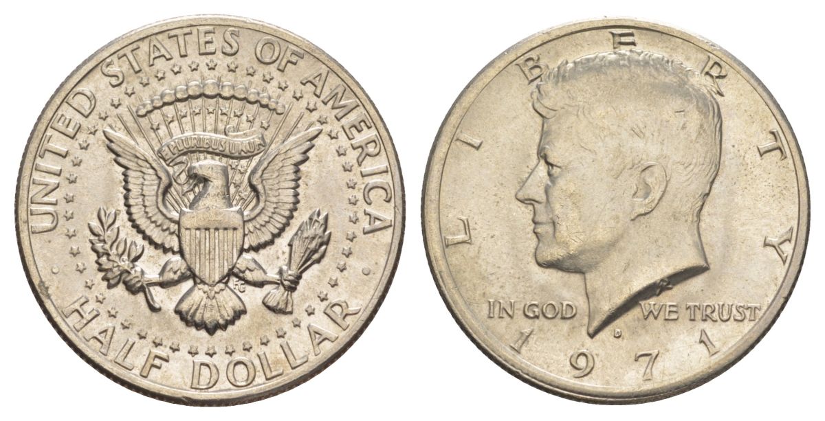 США 1/2 доллара (50 центов) 1971 D, Джон Кеннеди KM 202b медь плакированная медно-никелем aUNC 109-716