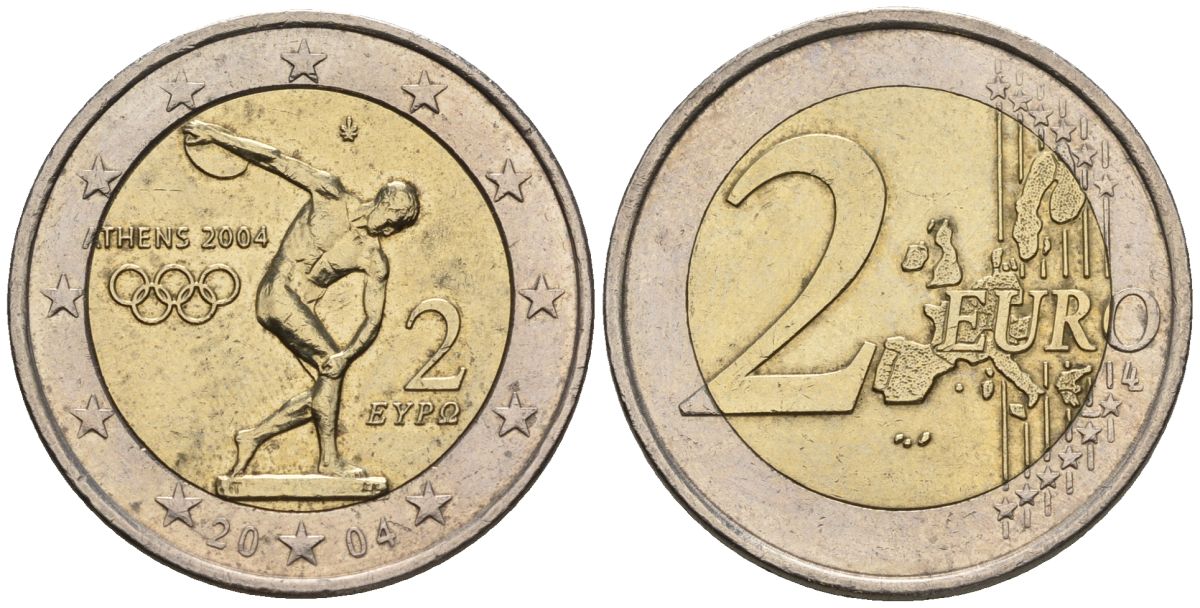 Греция 2 евро 2004 KM 209, Schoen 142 биметалл 4517-345