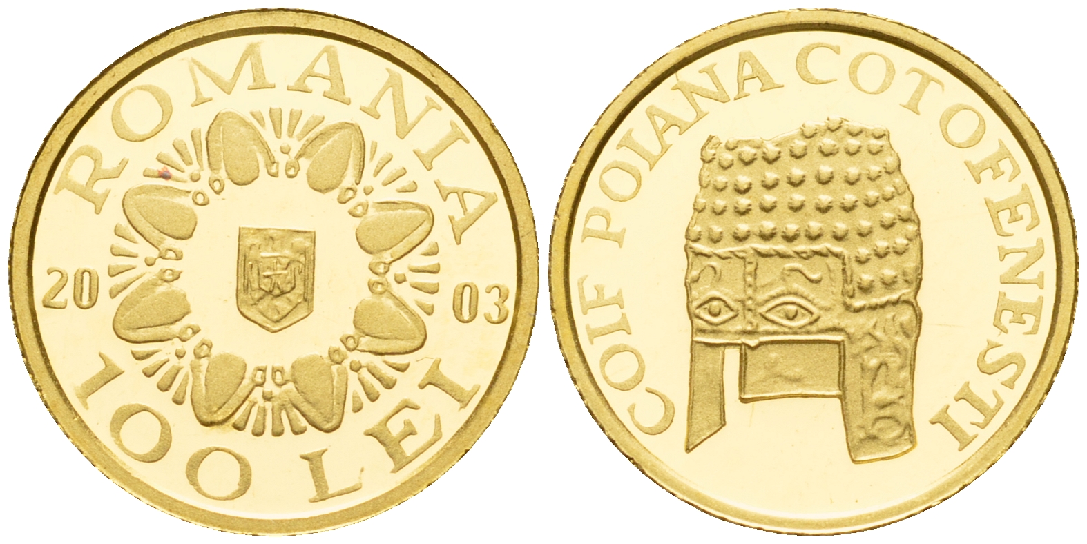 Румыния 100 леев 2003 золотой шлем Пояны Коцофенешти KM 198 золото PROOF 00-819-70