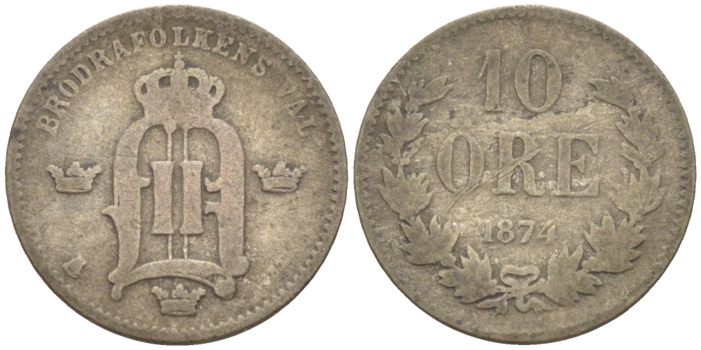 Швеция 10 эре 1874 ST, Оскар II (1872-1907) король Швеции и Норвегии KM 7937 (517) серебро 3309-833