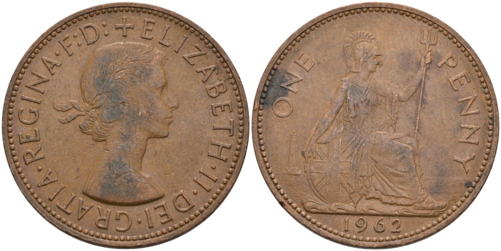 Великобритания 1 пенни 1962 Елизавета II (1952-2022) KM 897, Spink 4157 бронза 4574-215