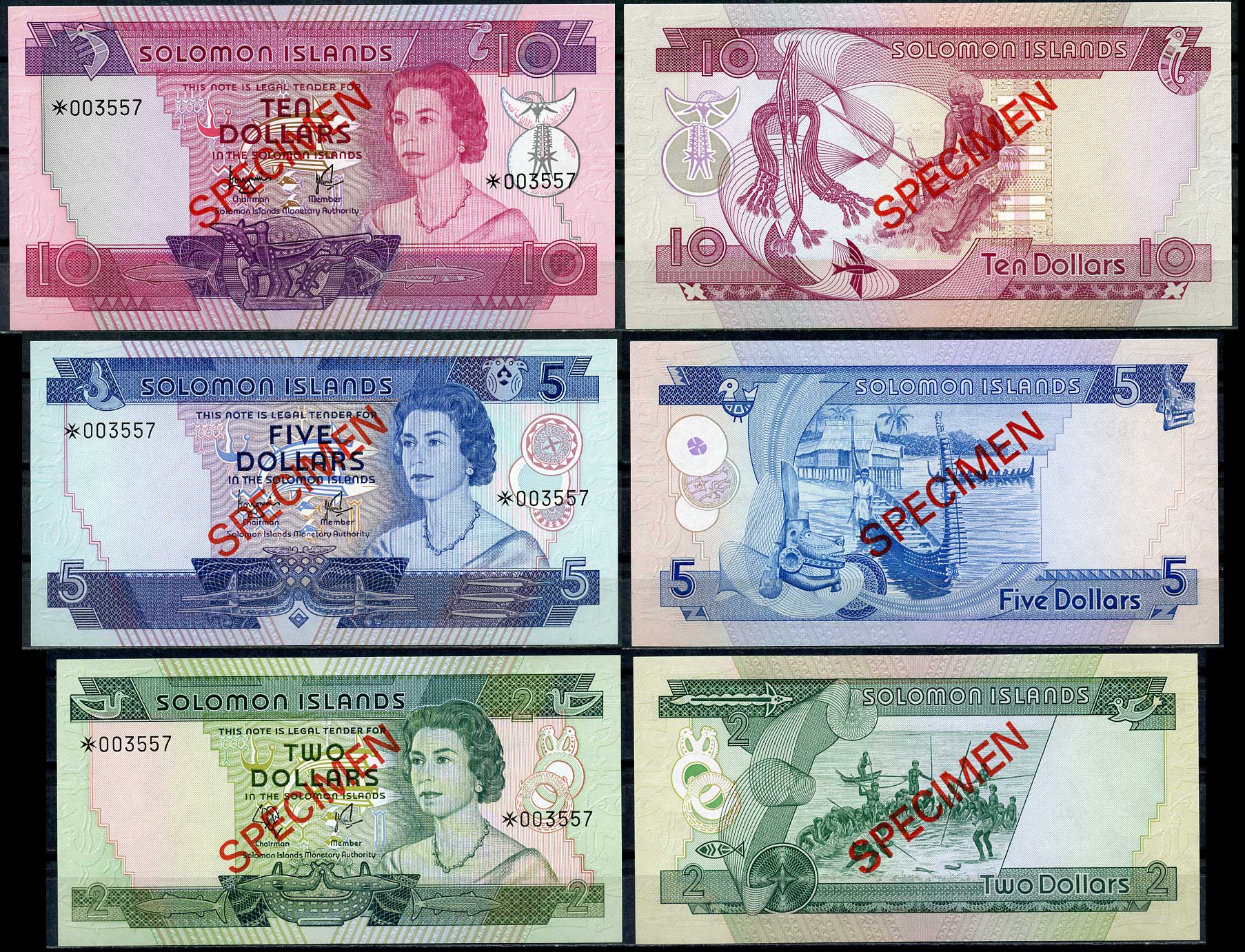 Соломоновы острова 2, 5 и 10 долларов ND (1977) Елизавета II (1952-2022), образец, Specimen, № 003557 Pick 5 s, 6 s, 7 s  бумага  UNC (пресс) 451-19-2