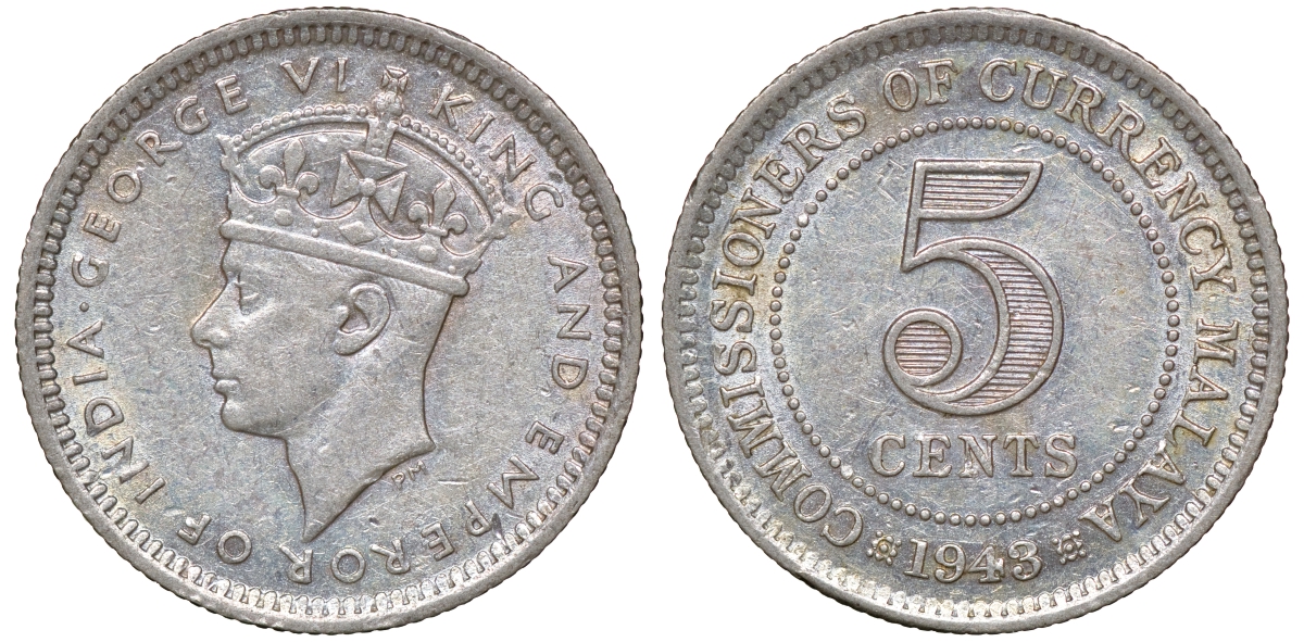 Британская Малайя 5 центов 1943 Георг VI (1937-1952) KM 3a серебро 53-153