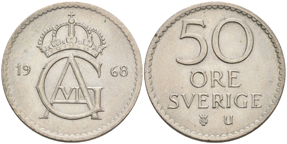 Швеция 50 эре 1968 U, Густав VI Адольф (1950-1973) KM 837 медно-никель UNC 4543-126