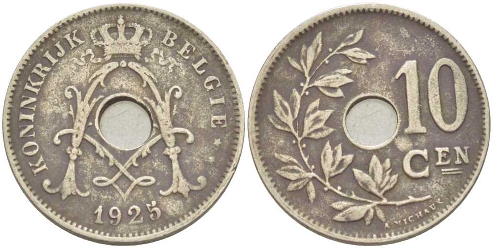 БЕЛЬГИЯ 10 САНТИМОВ 1925 BELGIE KM 86 медно-никель 212-937