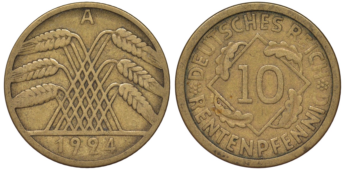 Германия 10 рентенпфеннигов 1924 A KM 33, J. 309, Weege 8 алюминиевая бронза 4163-225