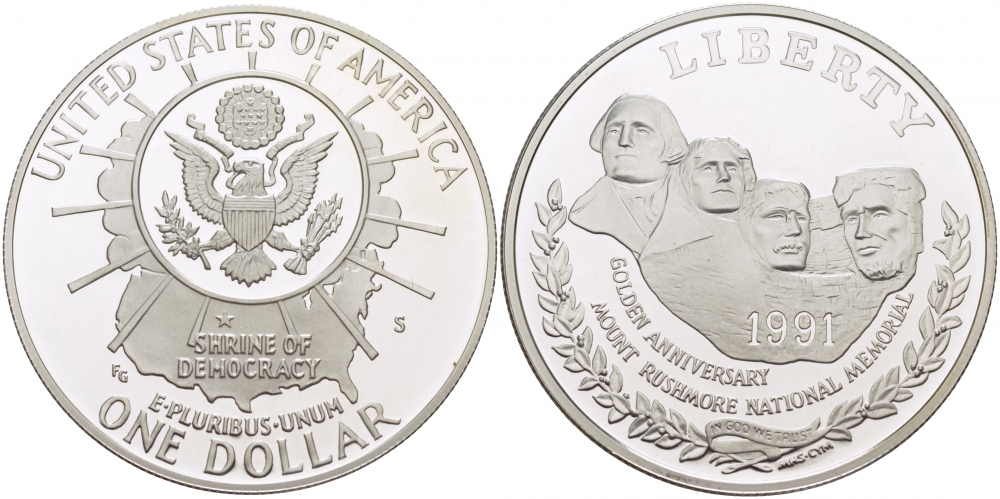 США 1 доллар 1991 S, 50 лет мемориалу президентов, гора Рашмор KM 229 серебро PROOF 1080-5-31