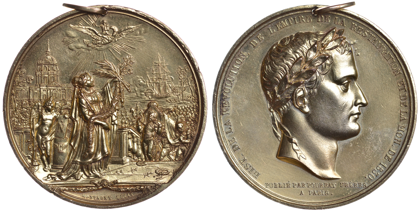ФРАНЦИЯ МЕДАЛЬ 1830 ИСТОРИЯ РЕВОЛЮЦИЯ, ИСТОРИЯ ИМПЕРИИ, ИСТОРИЯ РЕСТАВРАЦИИ, ИСТОРИЯ МИРА 1830, GUIVRE КЛЕЙМО НА ГУРТЕ, ДИАМЕТР 52,5 ММ., ВЕС 82,397 ГР. желтый металл 02-009-11