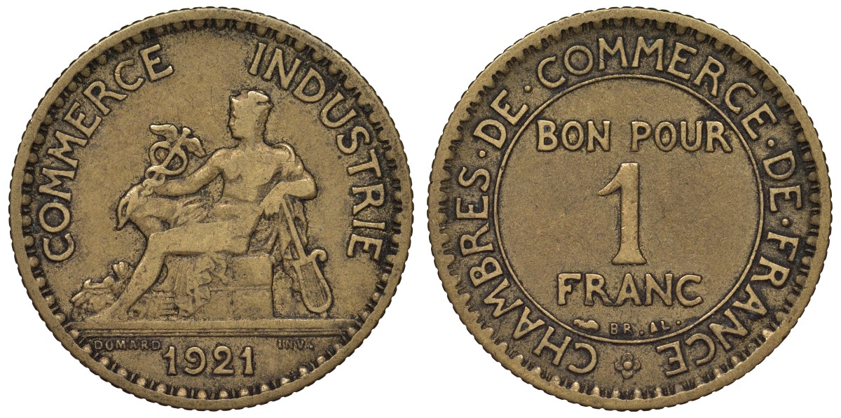 Франция 1 франк 1921 тип Chambres de Commerce KM 876, Le Franc 218.3 алюминиевая бронза 4128-252