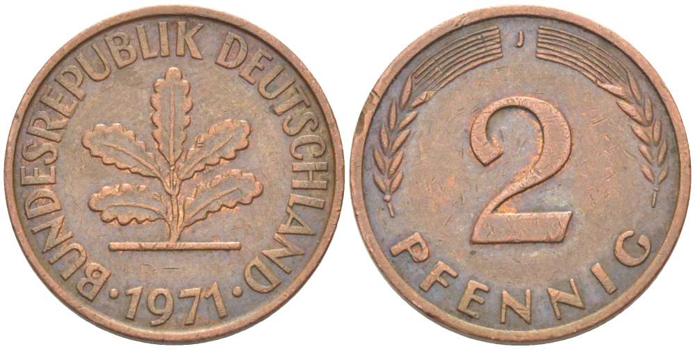 ФРГ 2 ПФЕННИГА 1971 J KM 106a, J. 381a сталь плакированная бронзой 216-1046