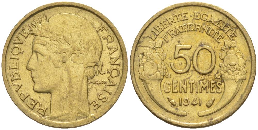 ФРАНЦИЯ 50 САНТИМОВ 1941 ТИП MORLON KM 894.1, LE FRANC 192.18 алюминиевая бронза 44-437