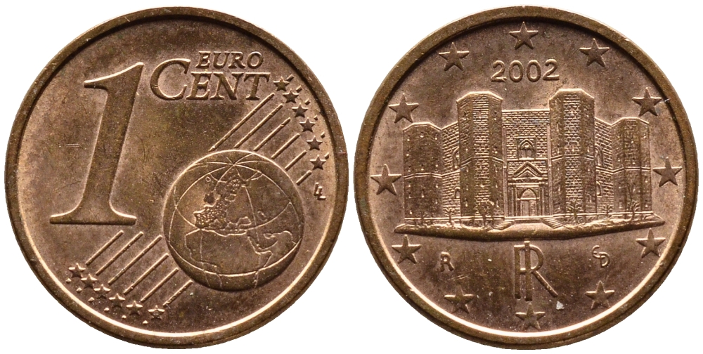 Италия 1 евроцент 2002 KM 210 сталь плакированная медью 220-469