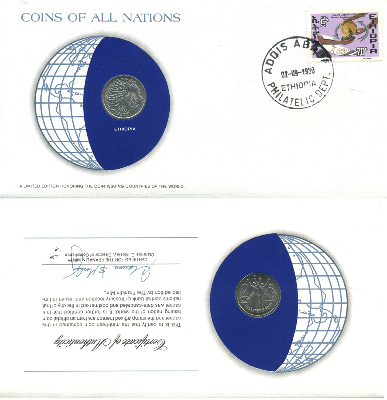 Эфиопия 25 центов 1977 EE 1969 конверт с маркой первого дня гашения, Coins of Nations KM 46.1 медно-никель UNC 4294-59-2