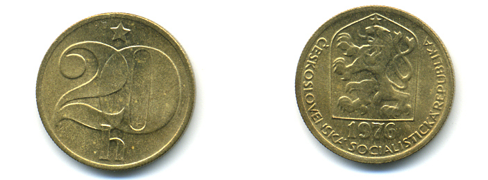 ЧЕХОСЛОВАКИЯ 20 ГЕЛЛЕРОВ 1976 KM 74 латунь 89-1816