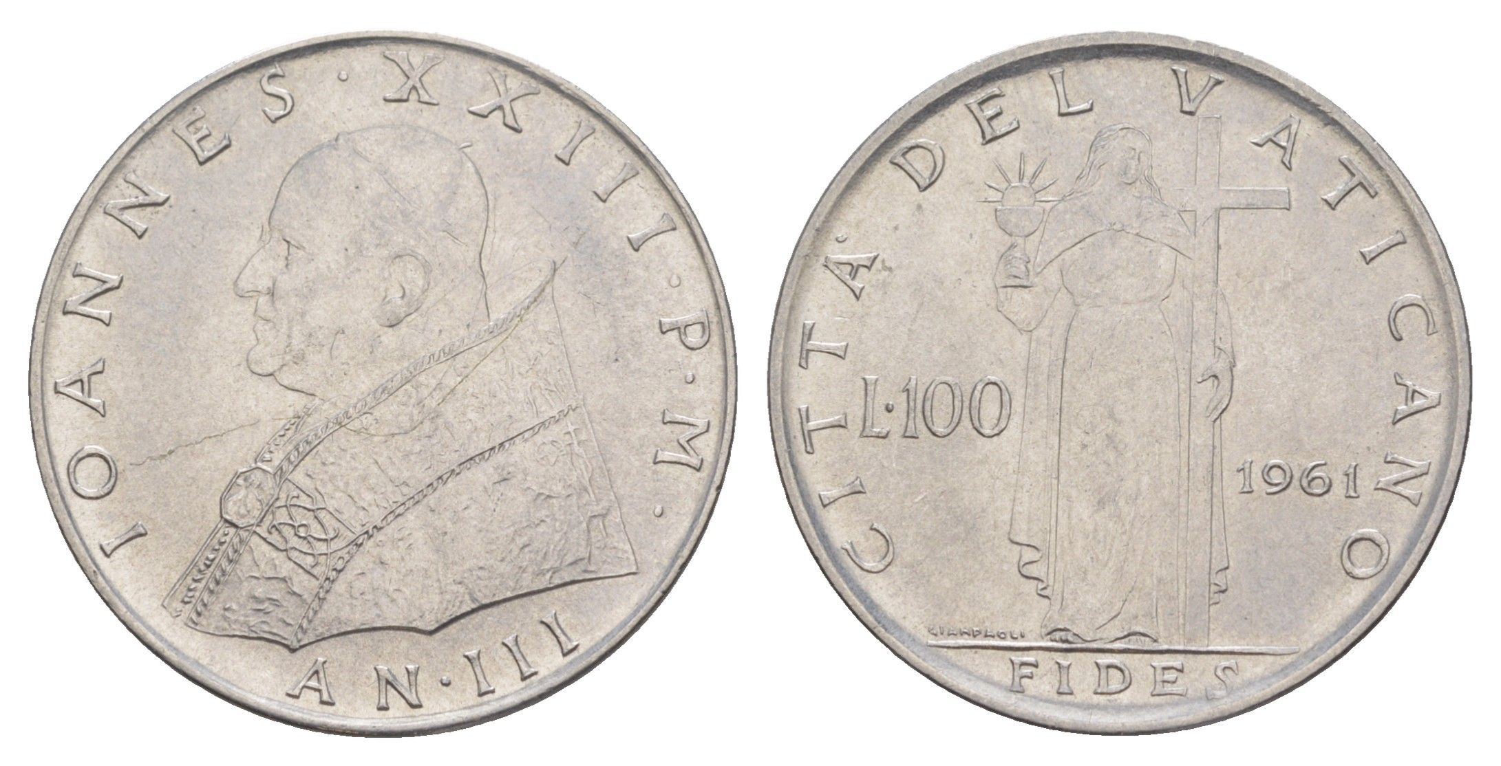 Ватикан 100 лир 1961 Иоанн XXIII KM 64 нержавеющая сталь UNC 4648-651