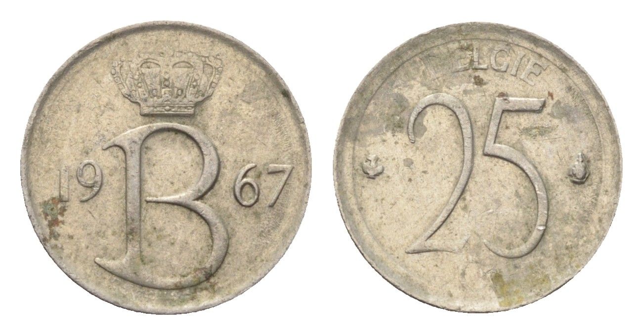 Бельгия 25 сантимов 1967 Belgie, Бодуэн I (1951-1993) KM 154 медно-никель 4705-347