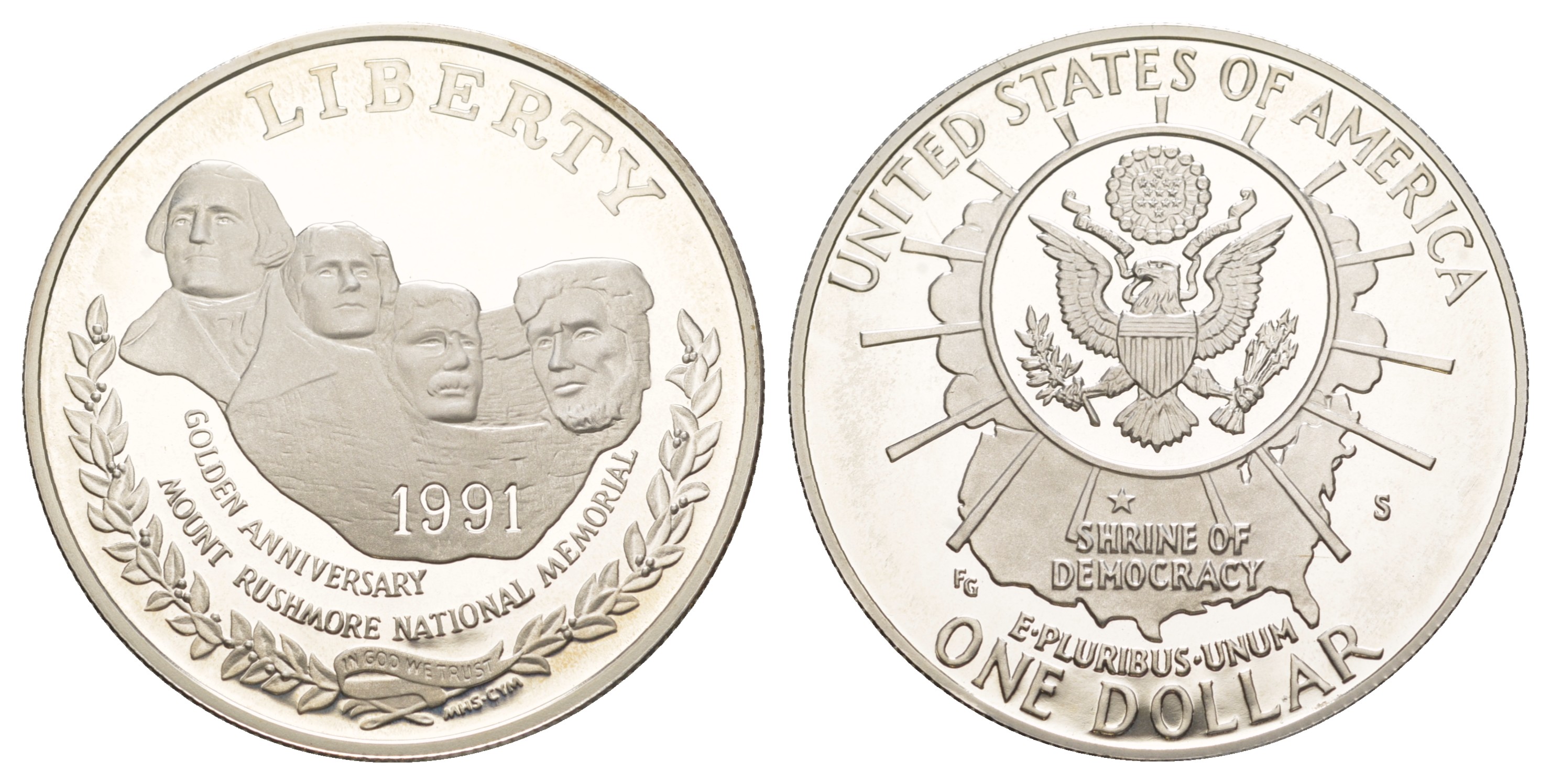 США 1 доллар 1991 S, 50 лет мемориалу президентов, гора Рашмор KM 229 серебро  PROOF  1091-10-14