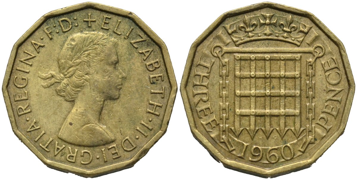 Великобритания 3 пенса 1960 Елизавета II (1952-2022) KM 900, Spink 4153 никель латунь 4171-546