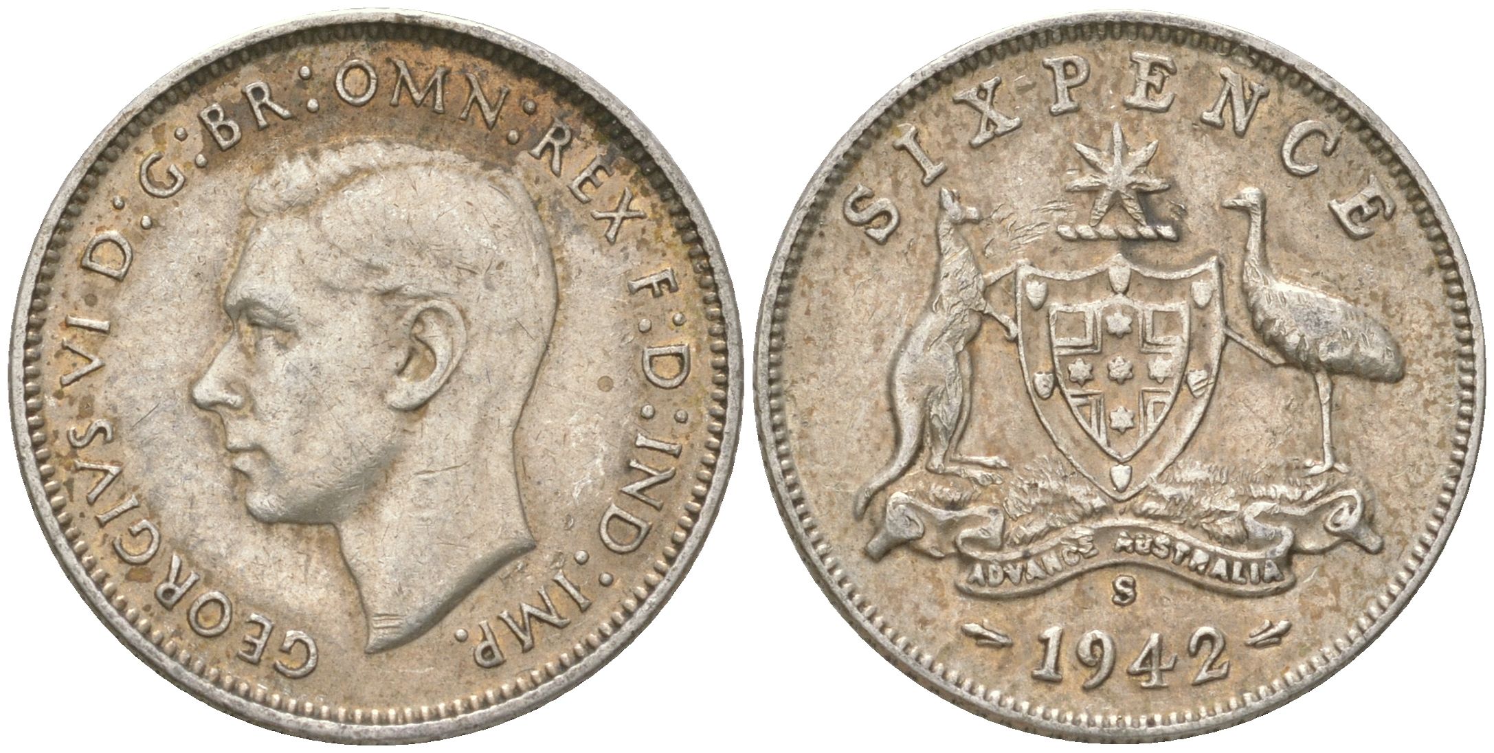 Австралия 6 пенсов 1942 S, Георг V (1936-1952) KM 38 серебро 4623-228
