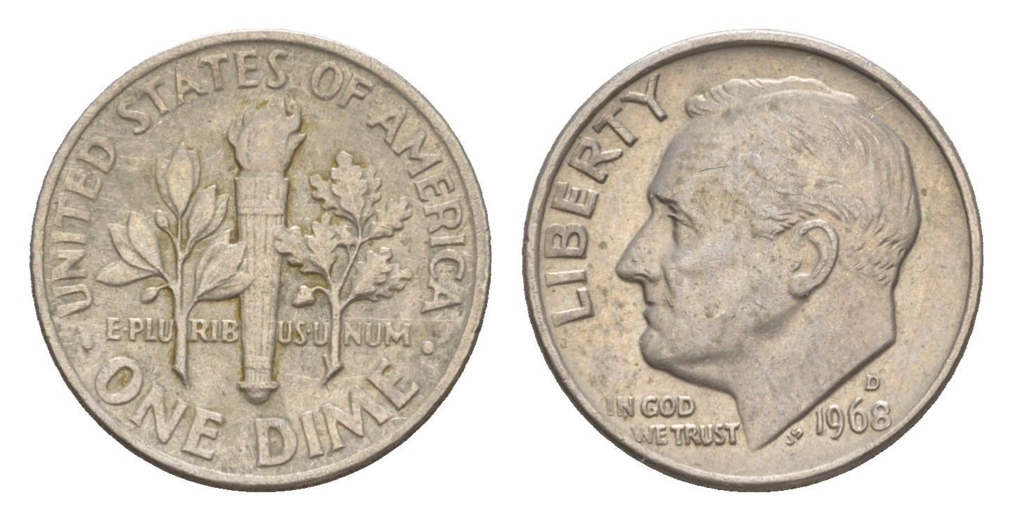 США 1 дайм (10 центов) 1968 D, президент Рузвельт KM 195a медь плакированная медно-никелем 4649-1264